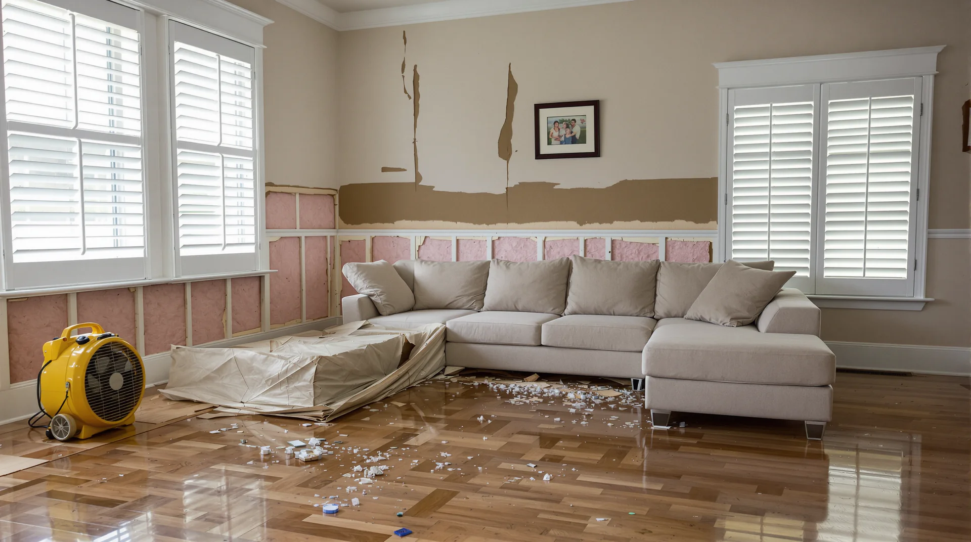 Living room with two inches of standing water on the hardwood floor at dawn